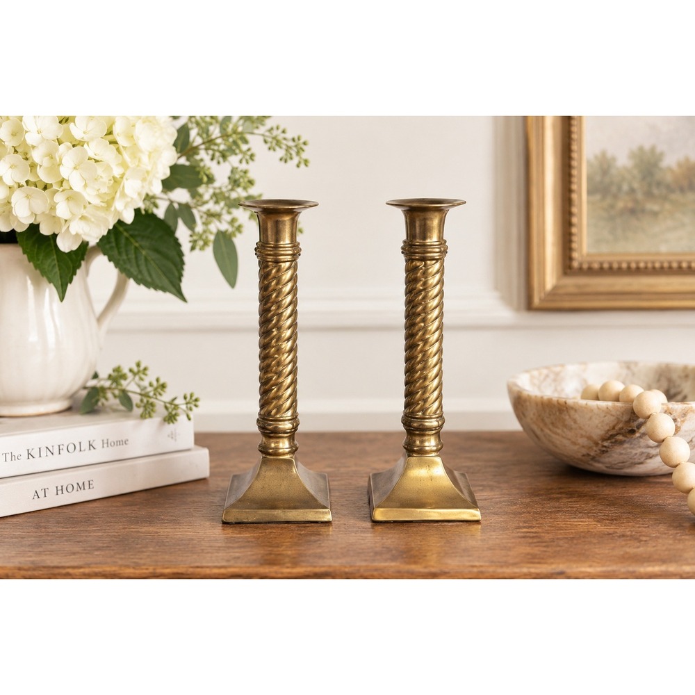 Vintage Brass Barley Twist Candlestick Holders Pair Small Spiral Taper 7.75"